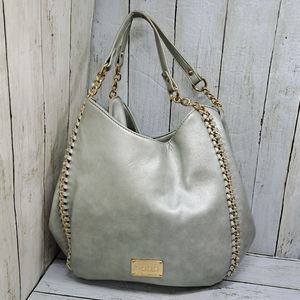 BEBE Colette Gray Vgn Lthr Gold Chain Shoulder Tri-Entry Multi-Pocket Hobo Tote